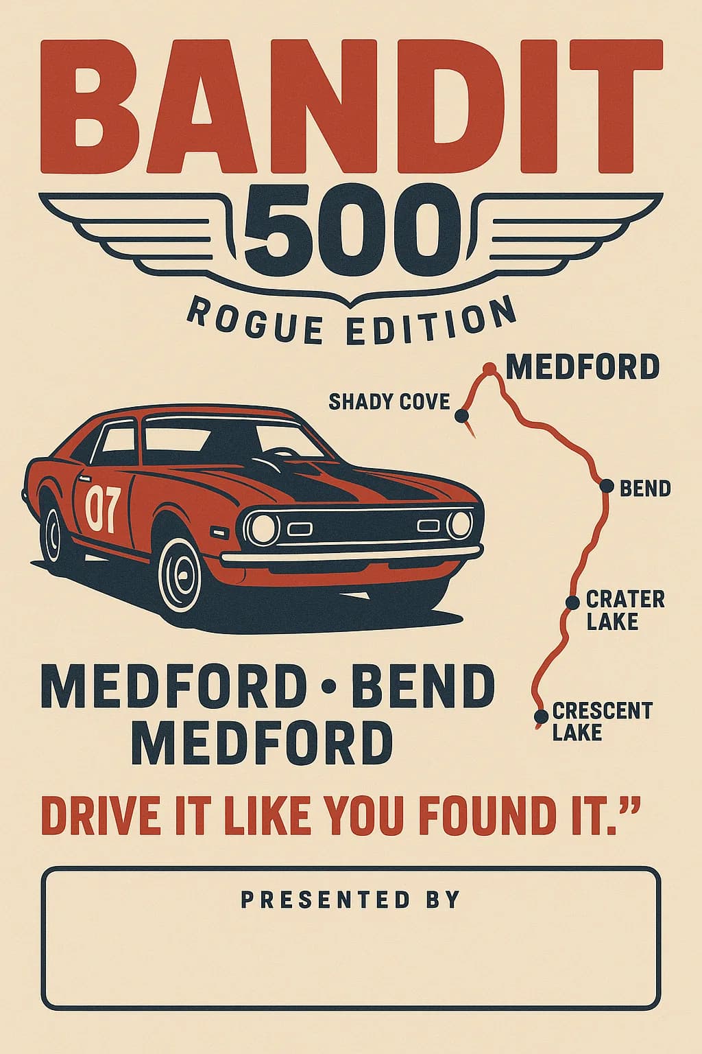 Early Bandit 500 Rogue Edition poster concept featuring a classic red car and an illustrative touring route
