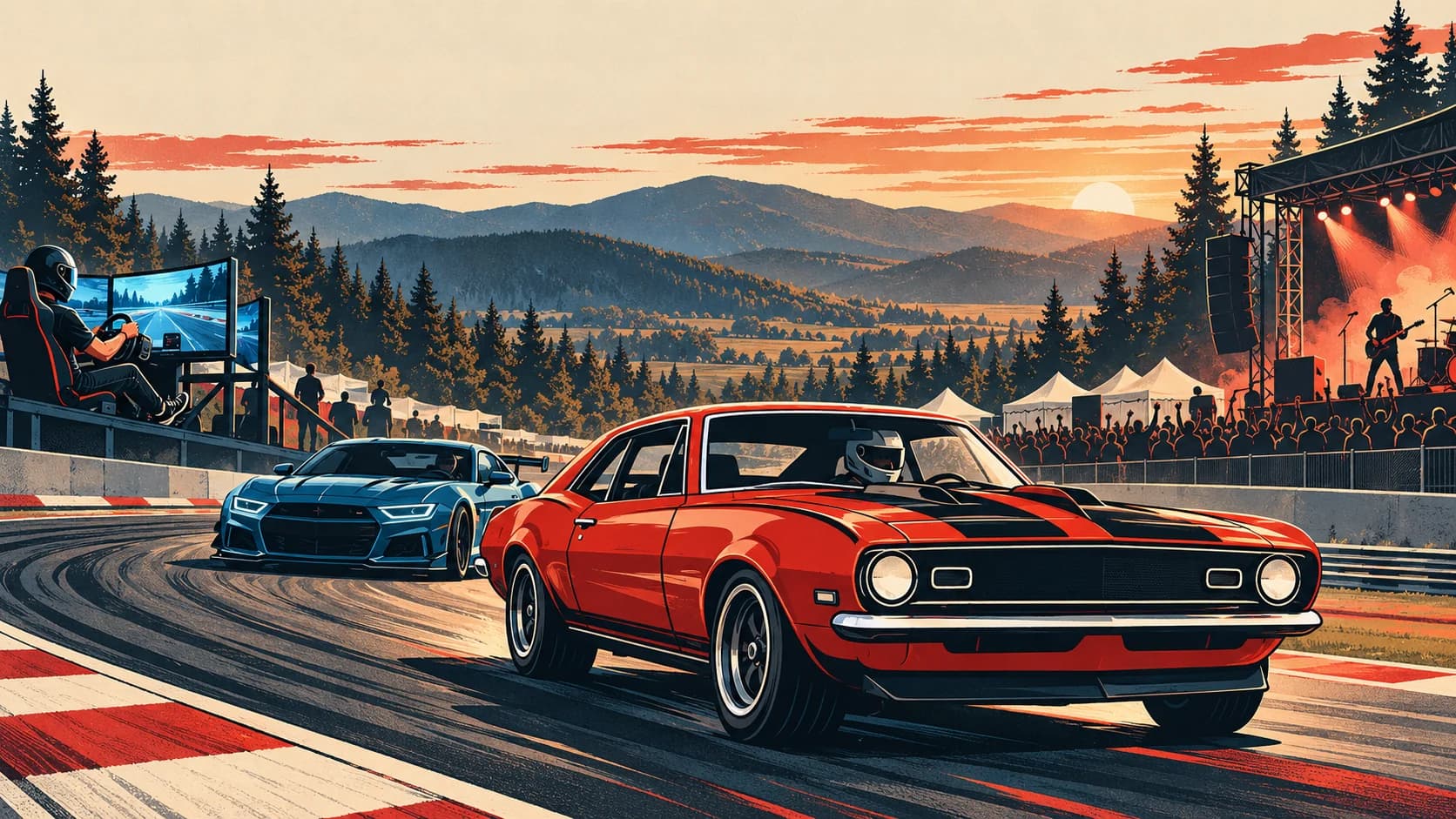 Illustrated festival concept combining classic and GT cars, sim racing, live music and Rogue Valley scenery