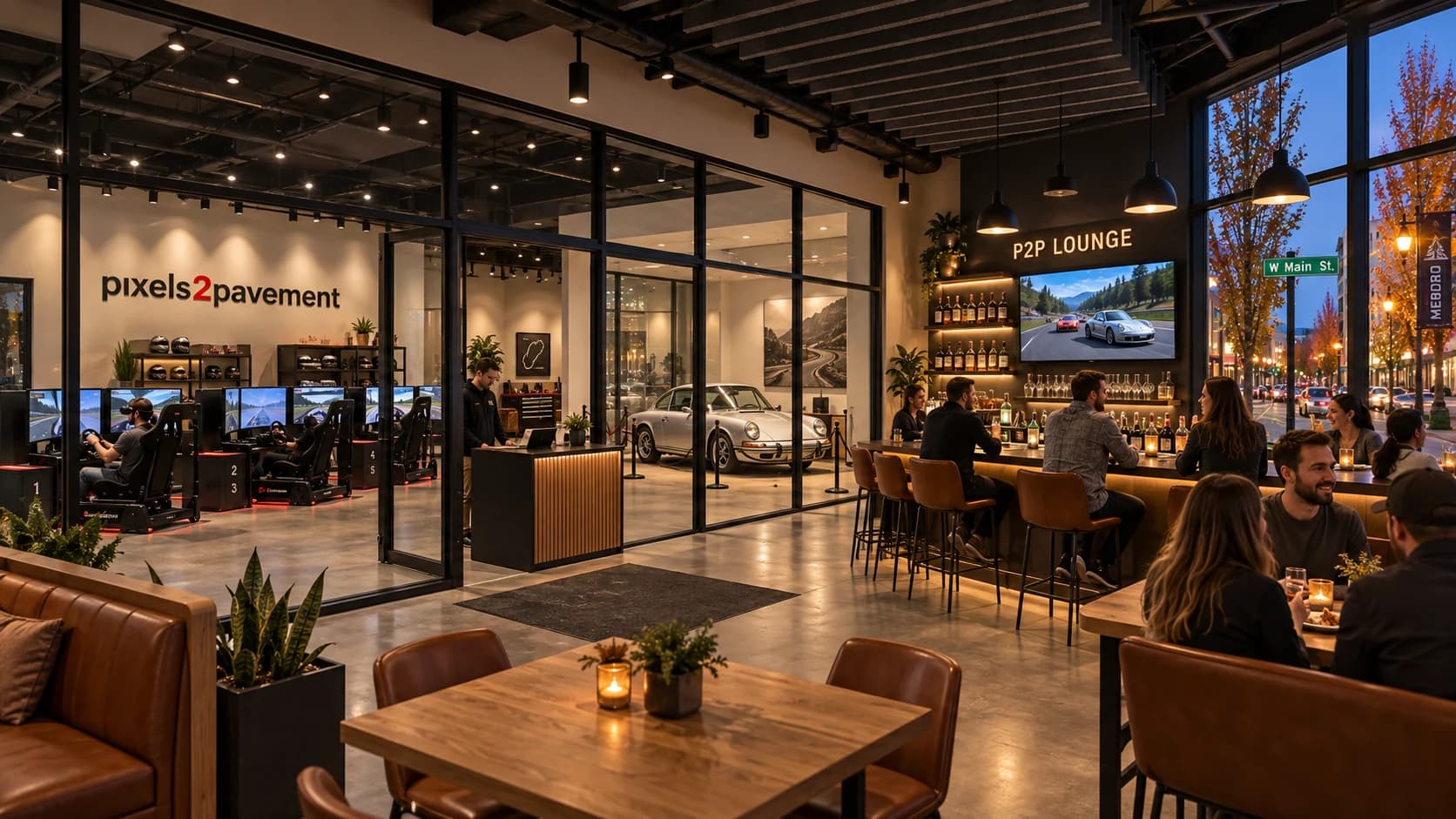 Illustrative P2P Lounge concept with racing simulators behind acoustic glazing, a collector car and a warm corner bar