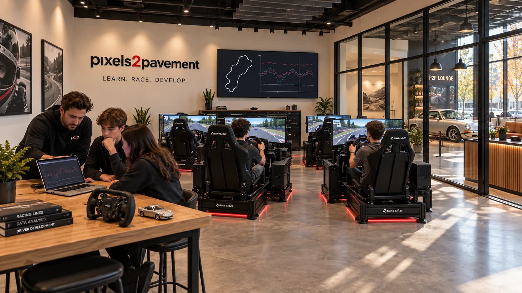 Daytime concept showing an instructor and students studying telemetry at a teaching bench beside racing simulators